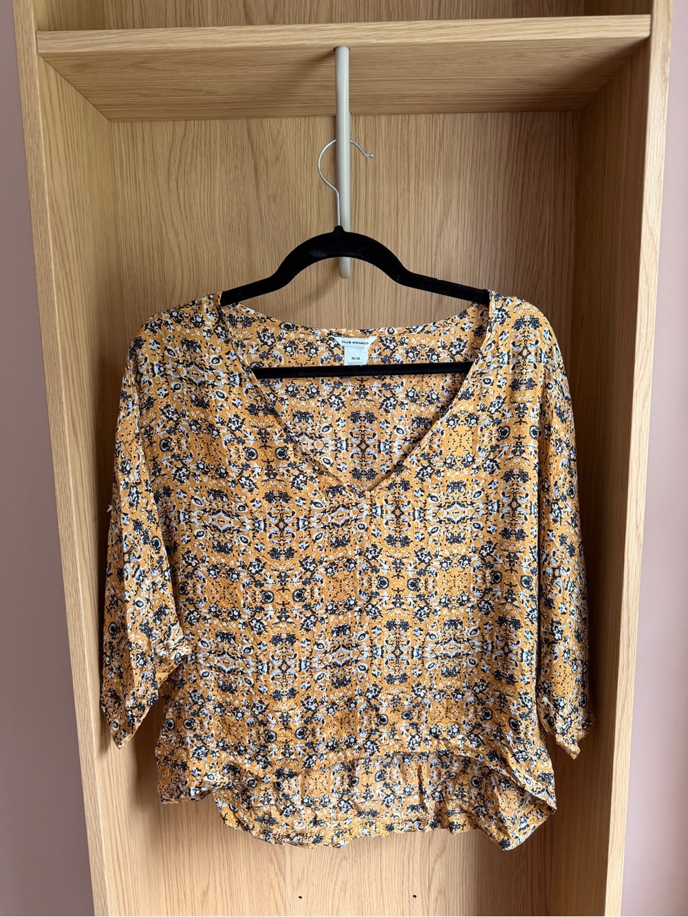 Club Monaco Gold Silk Floral V-Neck Top